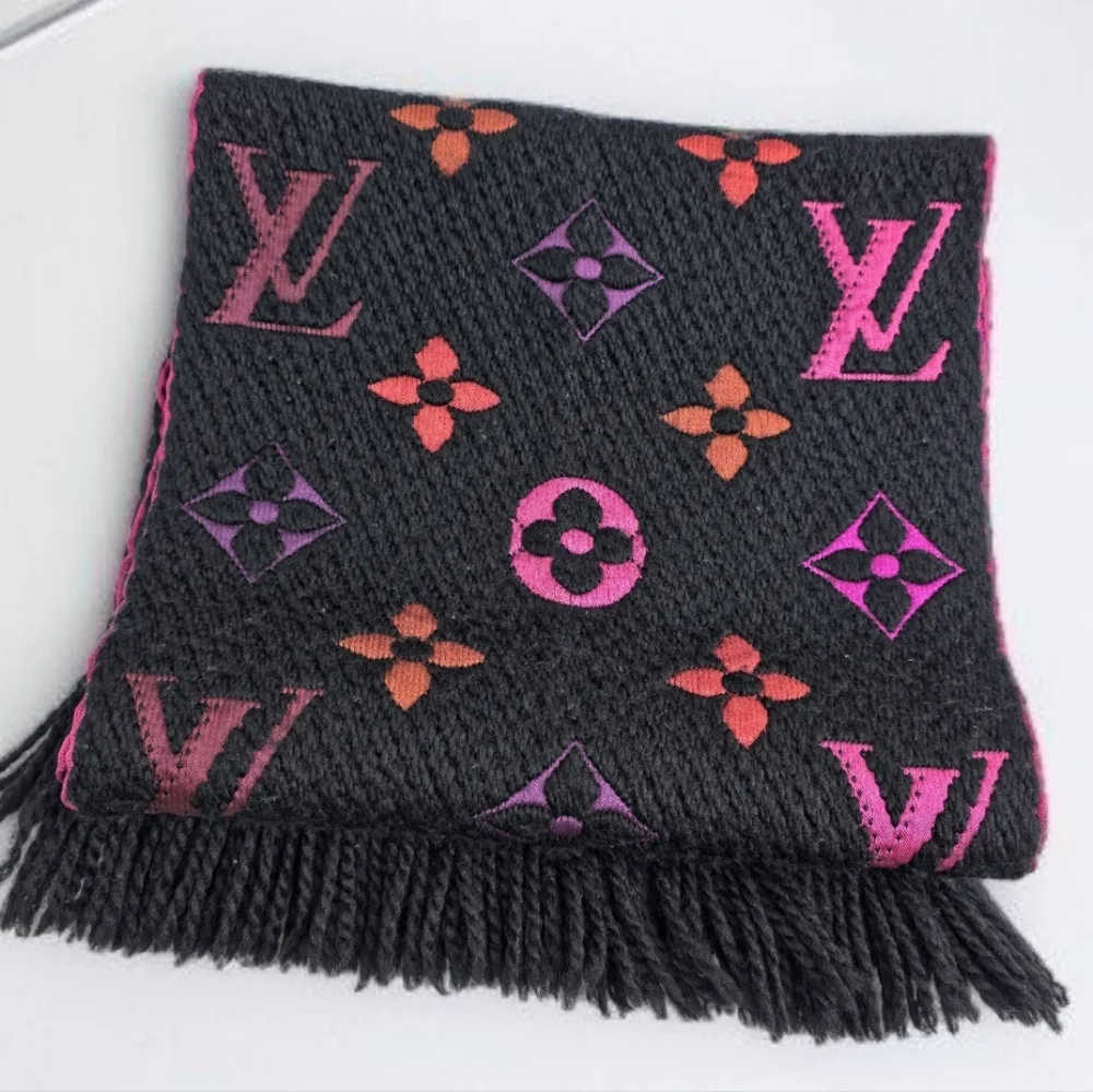 Louis Vuitton Echarpe Logomania Rainbow Wool Silk Scarf Black Pink